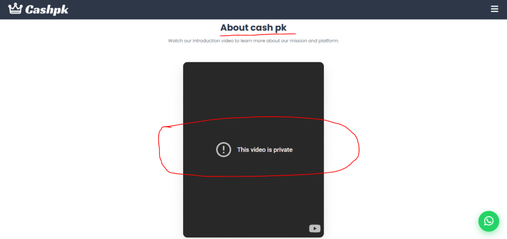 Screenshot from CashPK.pro showing a private video placeholder on the “About” page, preventing users from learning more about the platform.