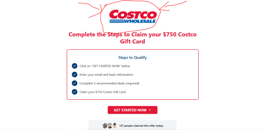GroceryClaims.com webpage offering fake $750 Costco gift card with 'GET STARTED NOW' button and unauthorized Costco branding.