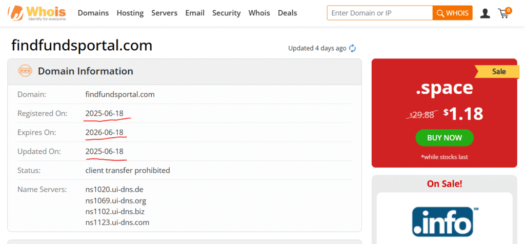 An image highlighting the new domain registration of FindFundsPortal.com on June 18, 2025, raising concerns about the website’s legitimacy.