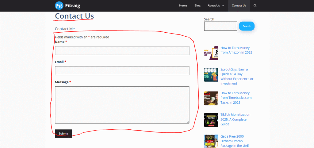 Screenshot of Fitraig.com’s Contact Us page showing a basic contact form without any phone number, email address, or physical location.