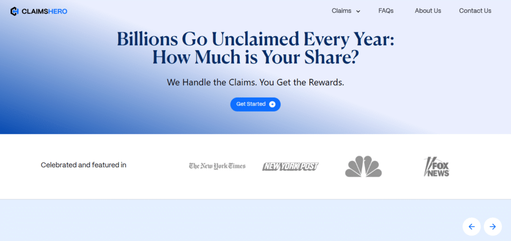 Screenshot of Homepage of Official Website of claimshero