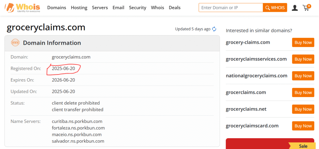 WHOIS lookup showing groceryclaims.com was registered June 2025 with privacy protection.
