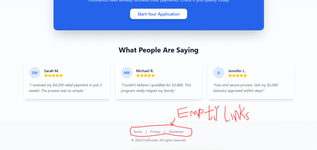 Website footer with empty Terms, Privacy, Disclaimer links.
