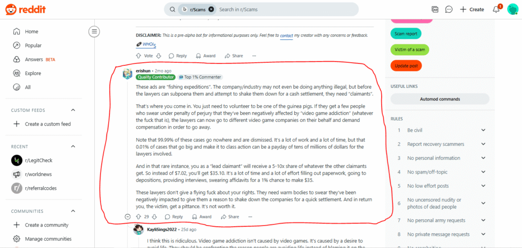 Reddit comment thread discussing how class action claims related to video game addiction often yield minimal compensation for users, while legal firms benefit significantly.