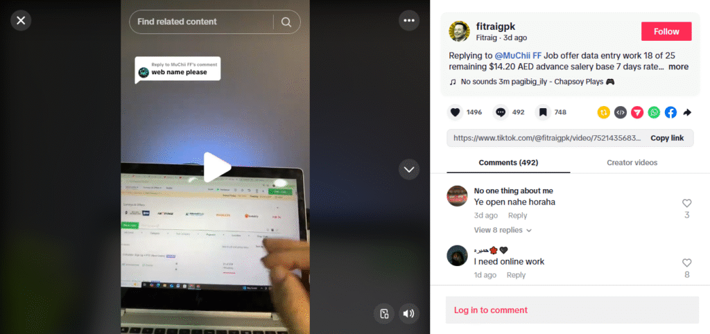 Screenshot of a TikTok video from @fitraigpk showing a fake earnings dashboard on a laptop, with misleading job claims in the caption.
