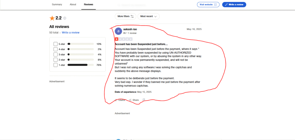 A user review on a review platform rating MegaTypers.com 1-star, claiming account suspension occurred just before a scheduled payout.