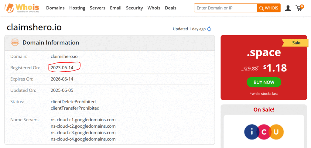 Whois lookup result showing ClaimsHero.io domain was registered on June 14, 2023.